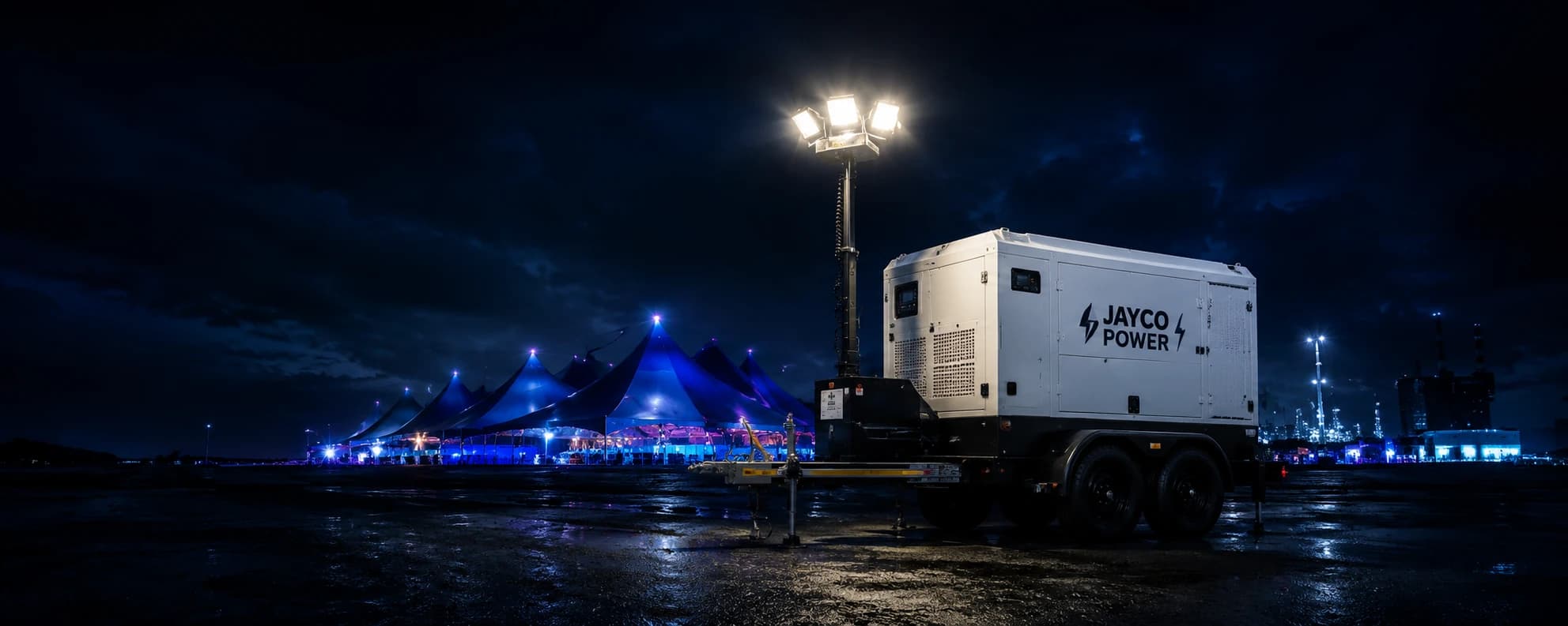 JAYCO POWER 500 KVA silent DG set on rent powering an outdoor event with a light tower